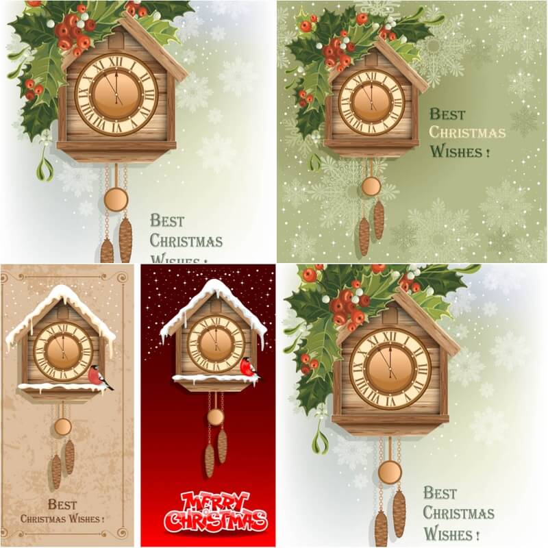 Christmas greeting cards with mistletoe, Bullfinch and New Year clock vector