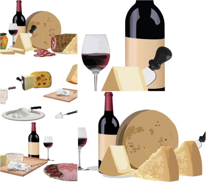 Bottle of wine and different grades of cheese vector