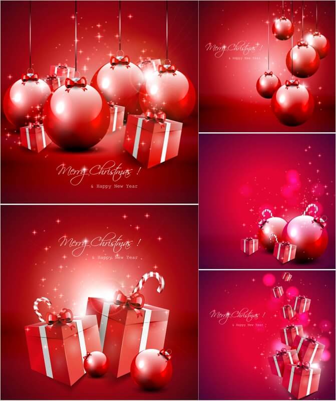 Elegant red Christmas backgrounds with baubles and gifts vector