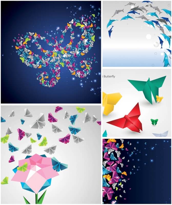 Origami butterfly and dolphin vector