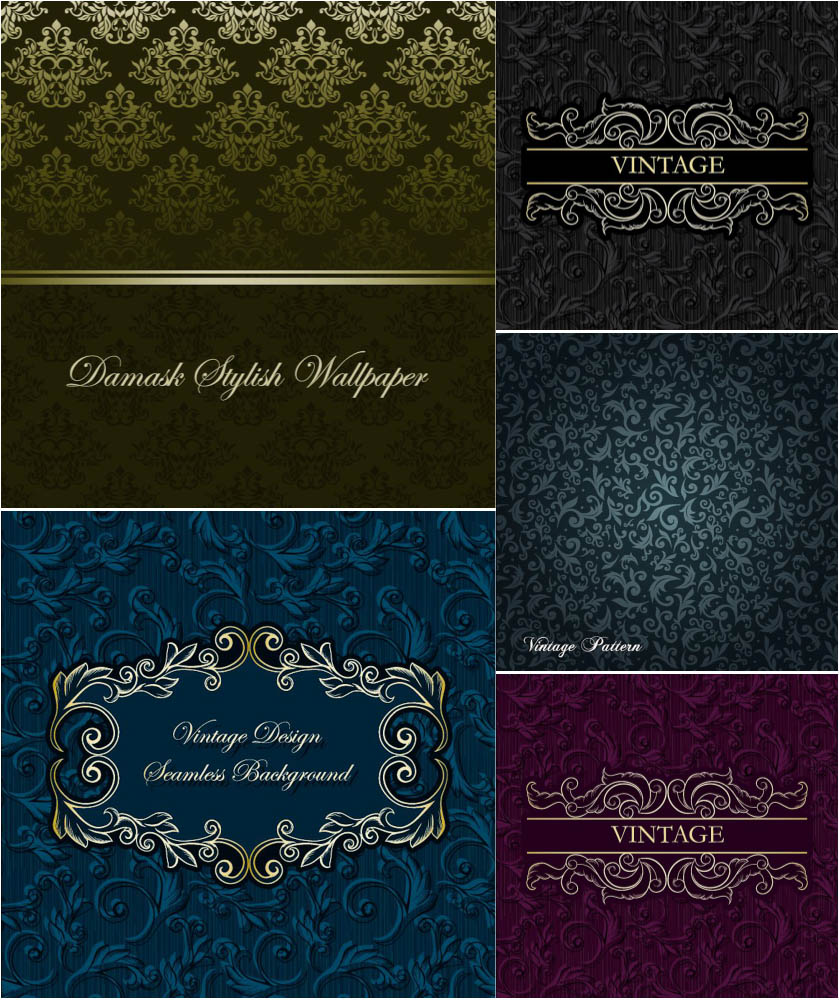 Collection damask stylish and vintage seamless backgrounds vector
