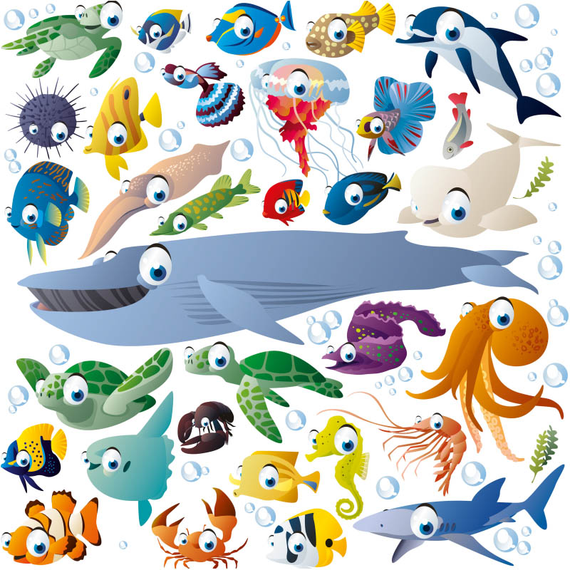 Funny cartoon sea creatures and fish vector