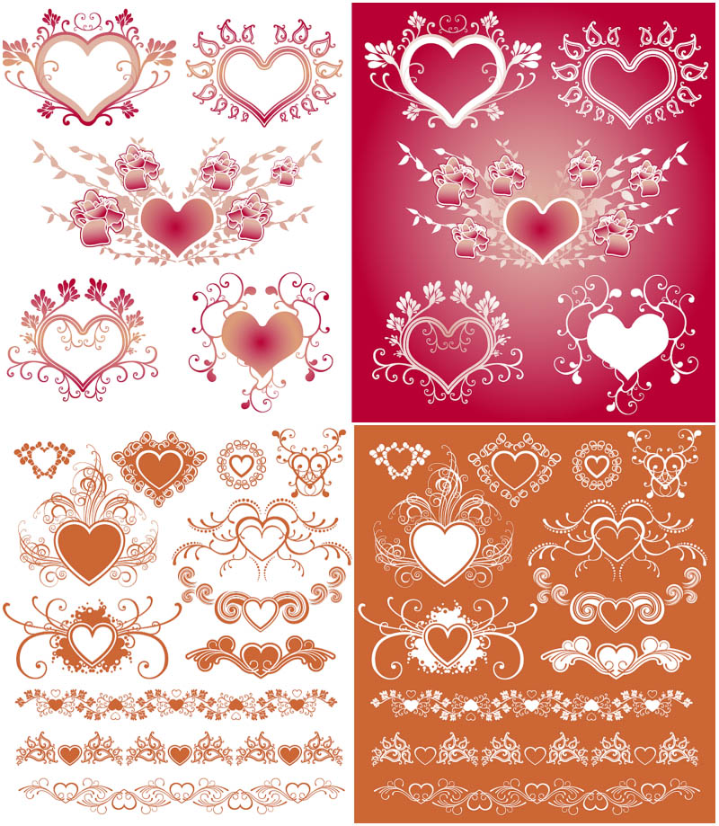 Hearts with floral ornaments vector