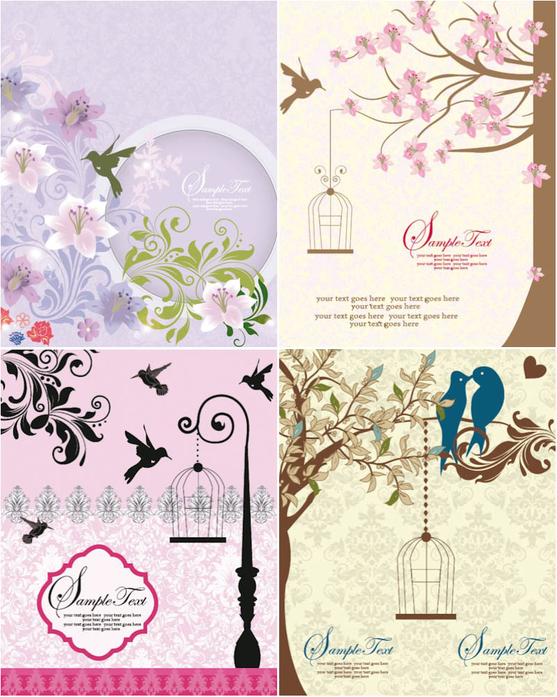Wedding Invitation with flowers and birds vector