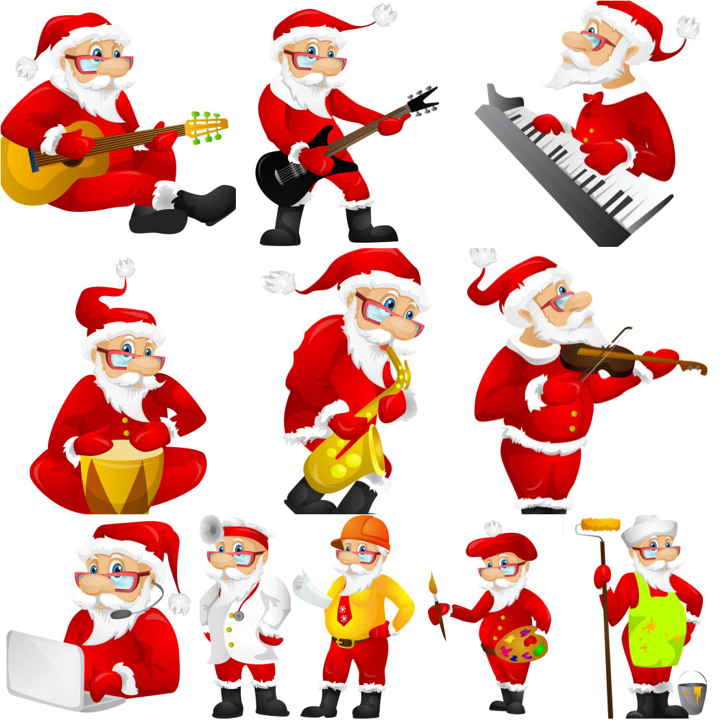 Big collection Santa with musical instruments vector
