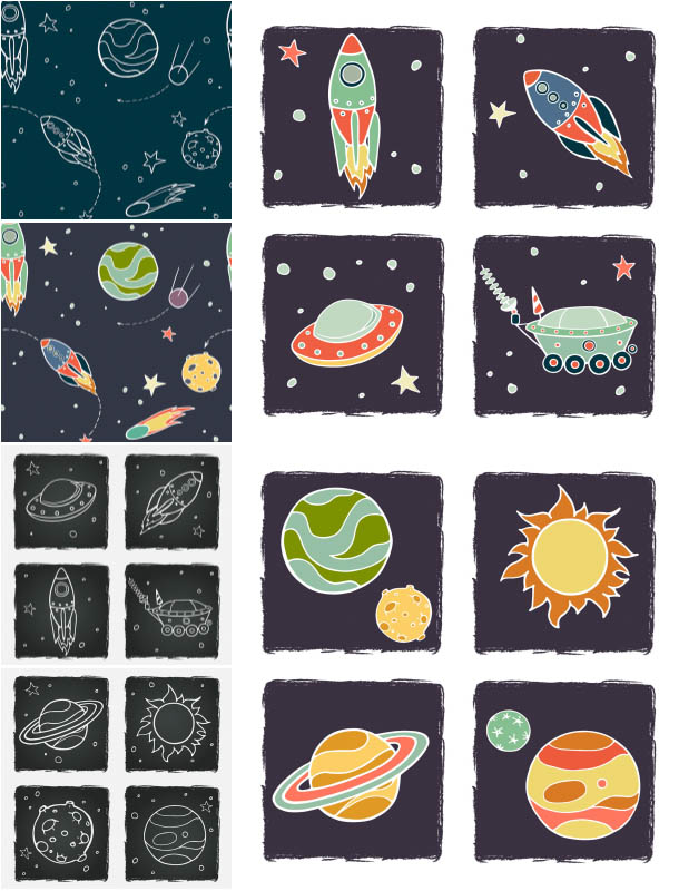 Cartoon space - spaceships, UFOs, planets