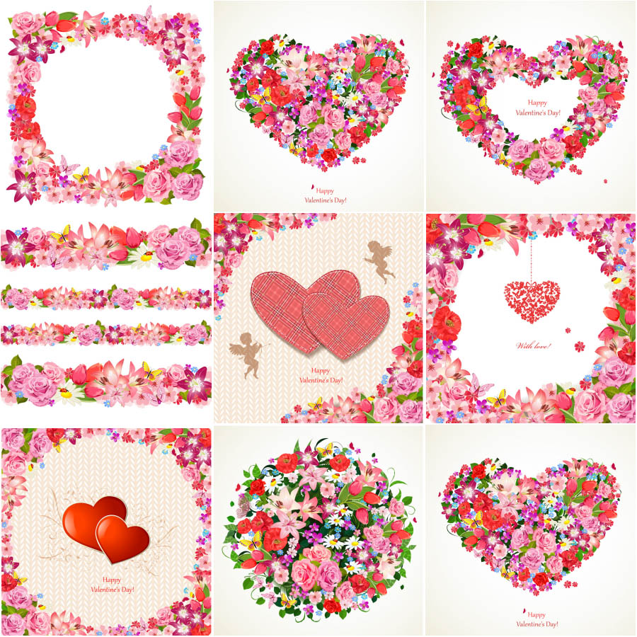 Floral backgrounds with abstract hearts