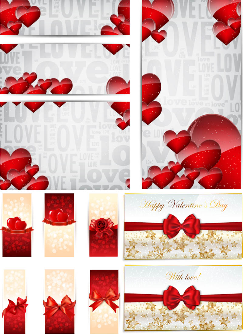 Valentine's Day cards with red hearts and sparkles vector