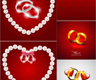 Pearl, hearts and wedding rings on red backgrounds vector