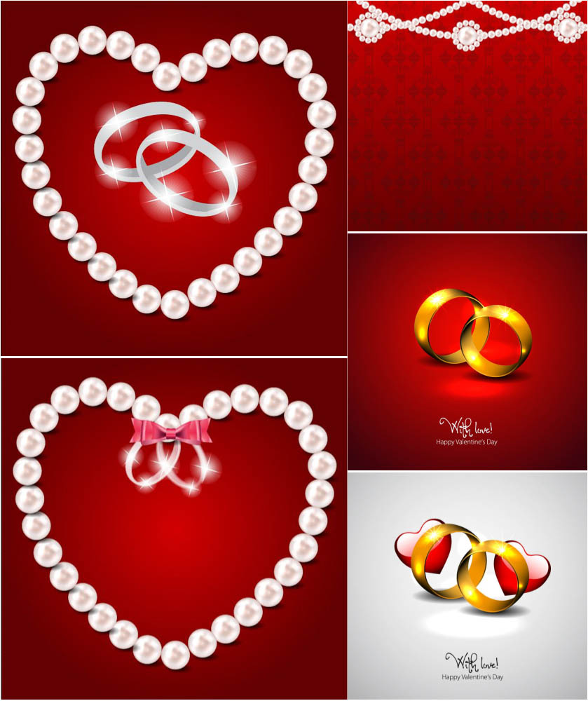 Pearl, hearts and wedding rings on red backgrounds vector