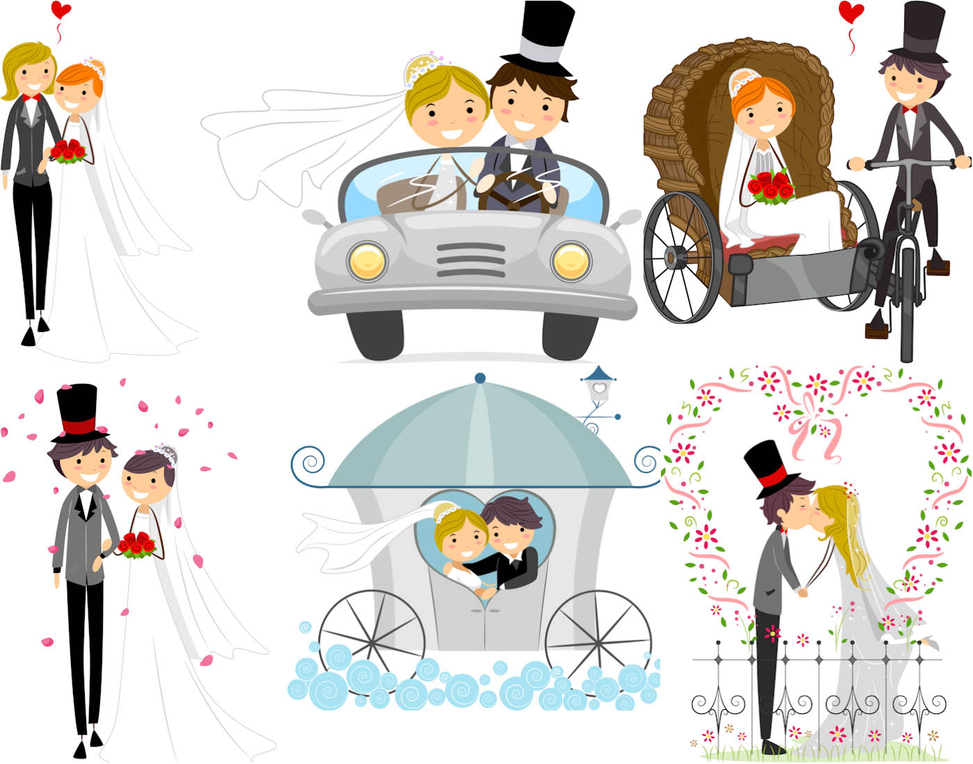Vector wedding backgrounds with happy newlyweds