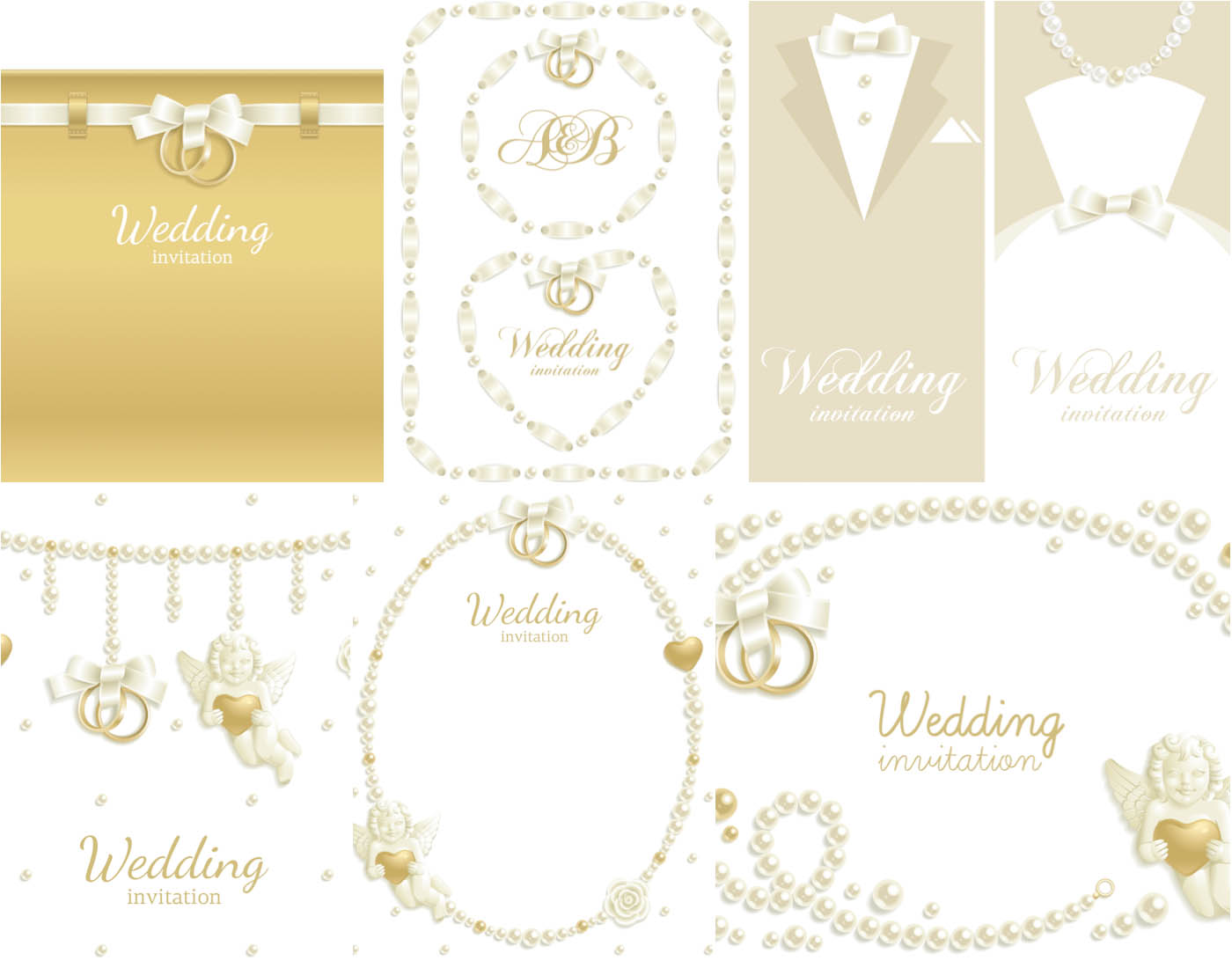 Vector wedding invitations with hearts, pearls and rings