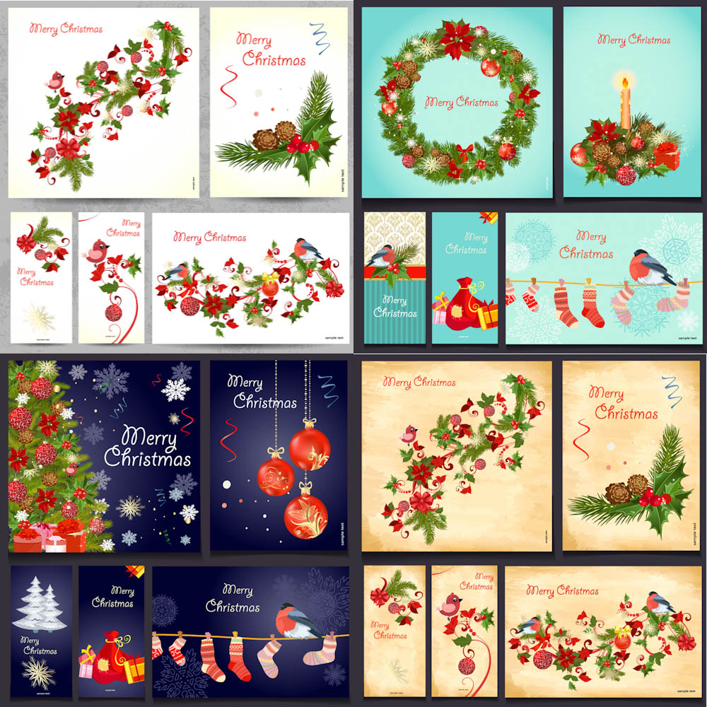 Christmas backgrounds and banners with Christmas tree, balls, socks and Christmas wreaths