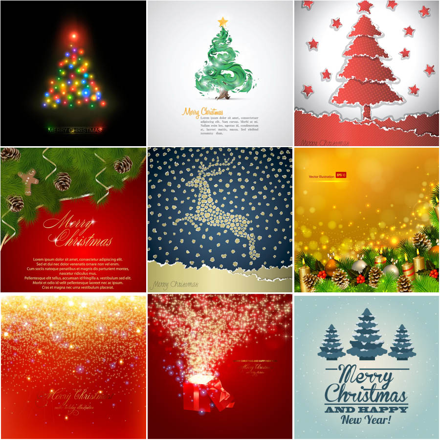 Christmas cards and backgrounds with a deer, Christmas trees and balls