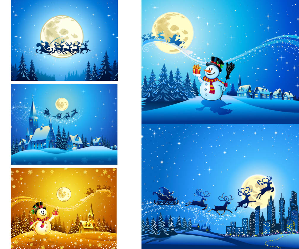 Christmas night reindeer and snowman on the background of the moon