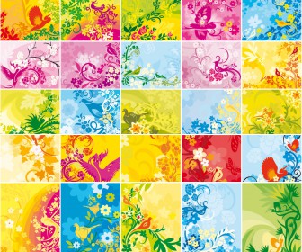 Collection floral spring backgrounds with abstract birds vector
