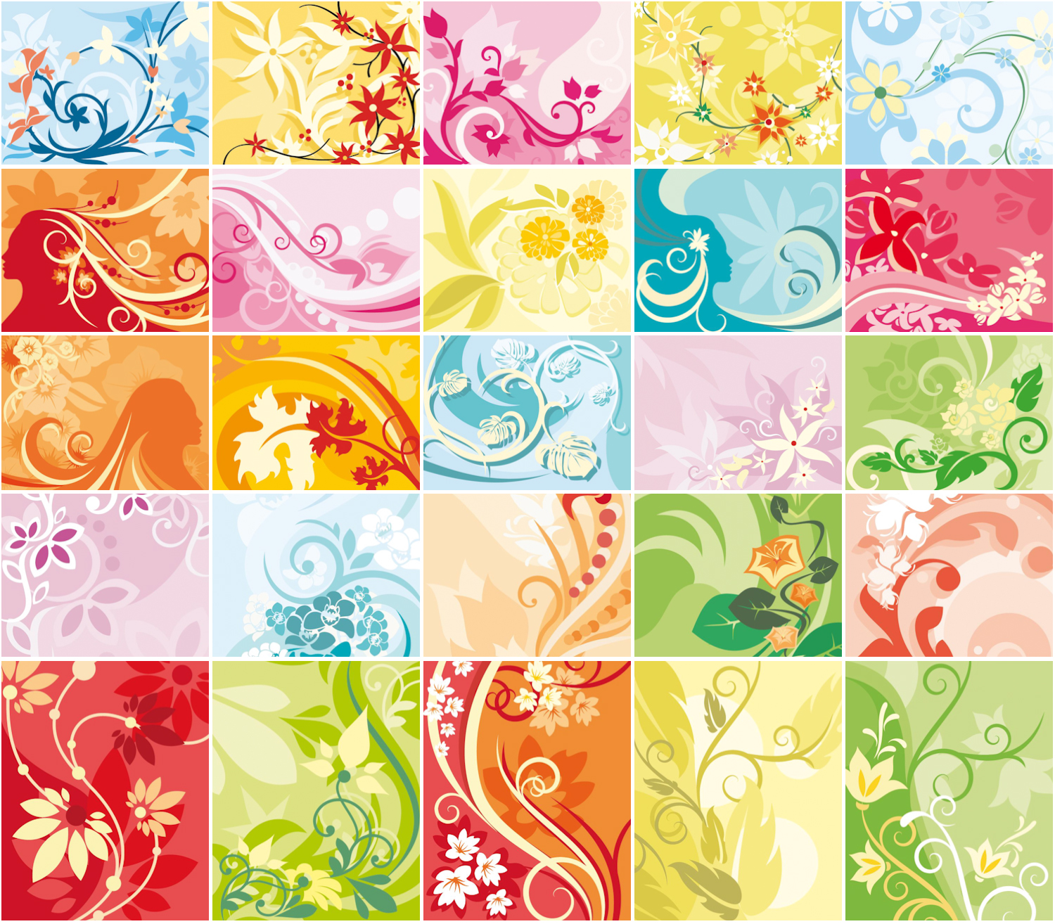 Collection floral ornament backgrounds with silhouette of girl