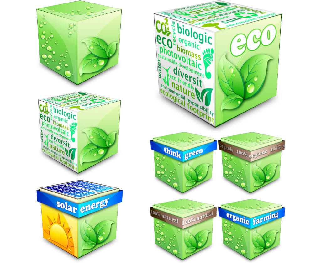 Ecology cube with green leaves