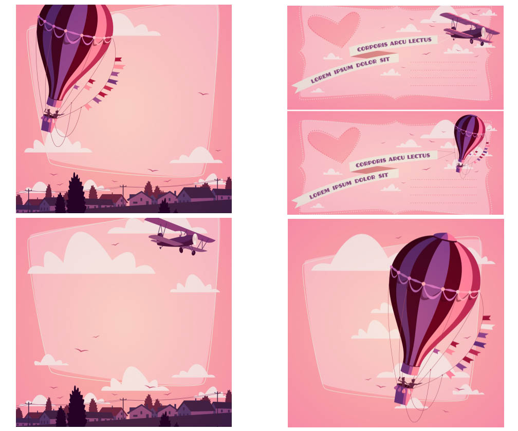 Pink Love cards with hearts, air balloon and plane
