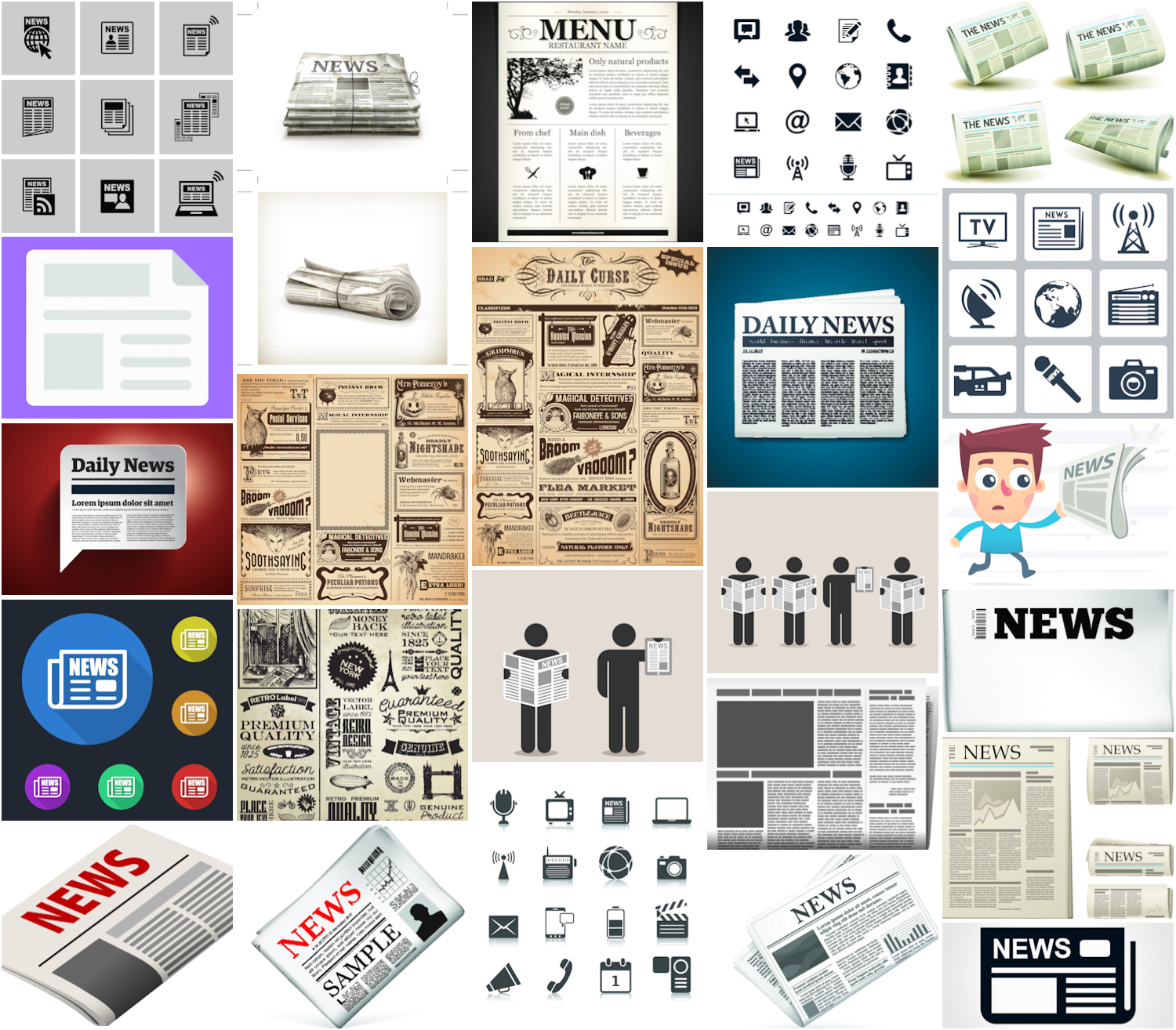 Retro newspaper, folded newspaper, news icons