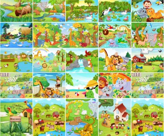 Cartoon animals in the zoo and outdoors vector
