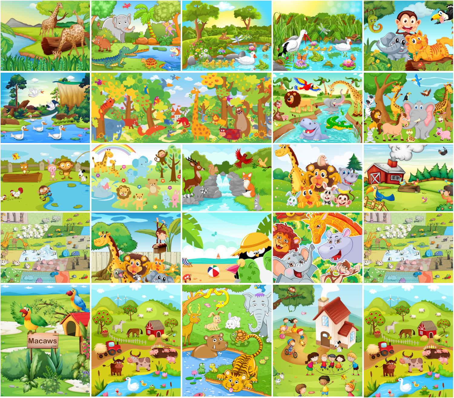 Cartoon animals in the zoo and outdoors vector