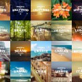 Backgrounds with inscription cities, travel labels on blurry backgrounds