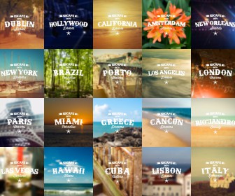 Backgrounds with inscription cities, travel labels on blurry backgrounds