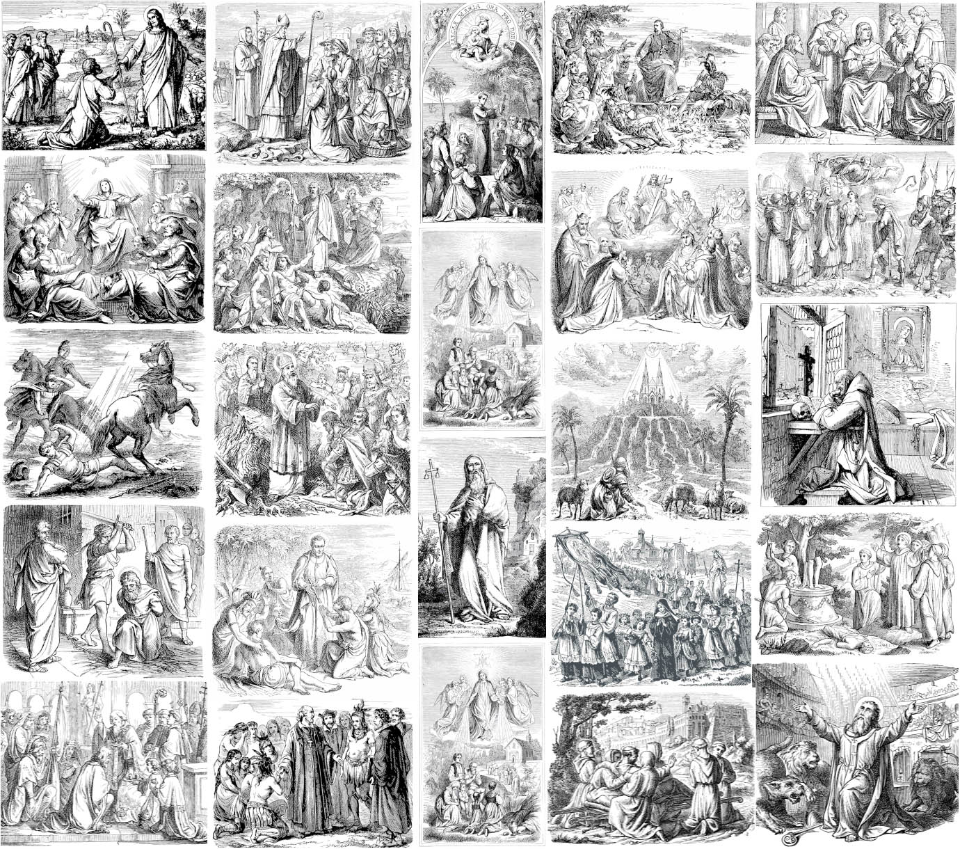 Black and white illustrations of biblical theme and Jesus