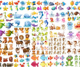 Cartoon animals, sea creatures and fish vector