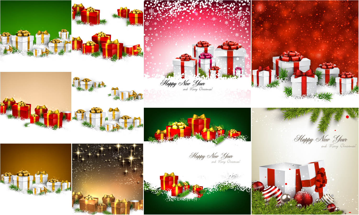 Christmas backgrounds with fir branches and gift boxes