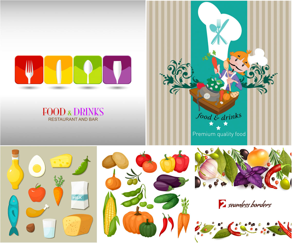 Cooking chef food vegetables icons, labels, signs, symbols and design elements