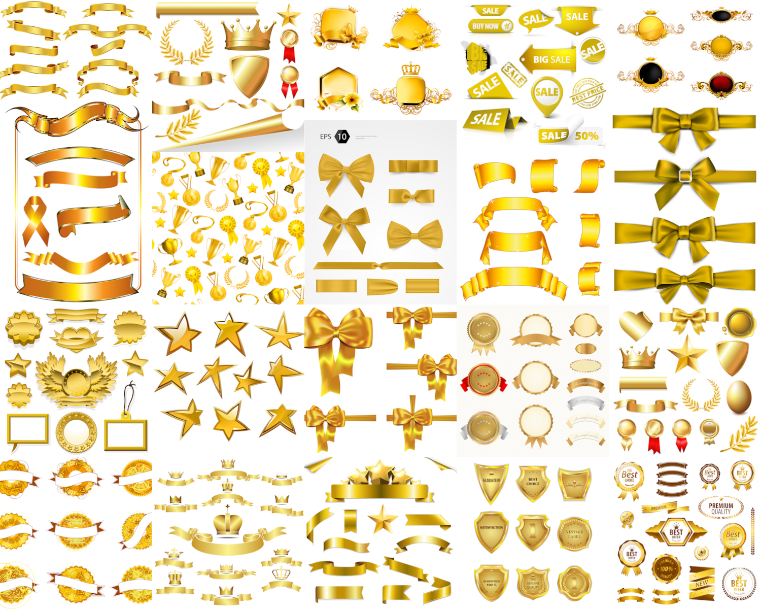 Golden bows, ribbons, frames, stars, gold badges sale and other design elements