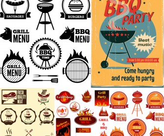 Grunge grill menu with bbq icons isolated