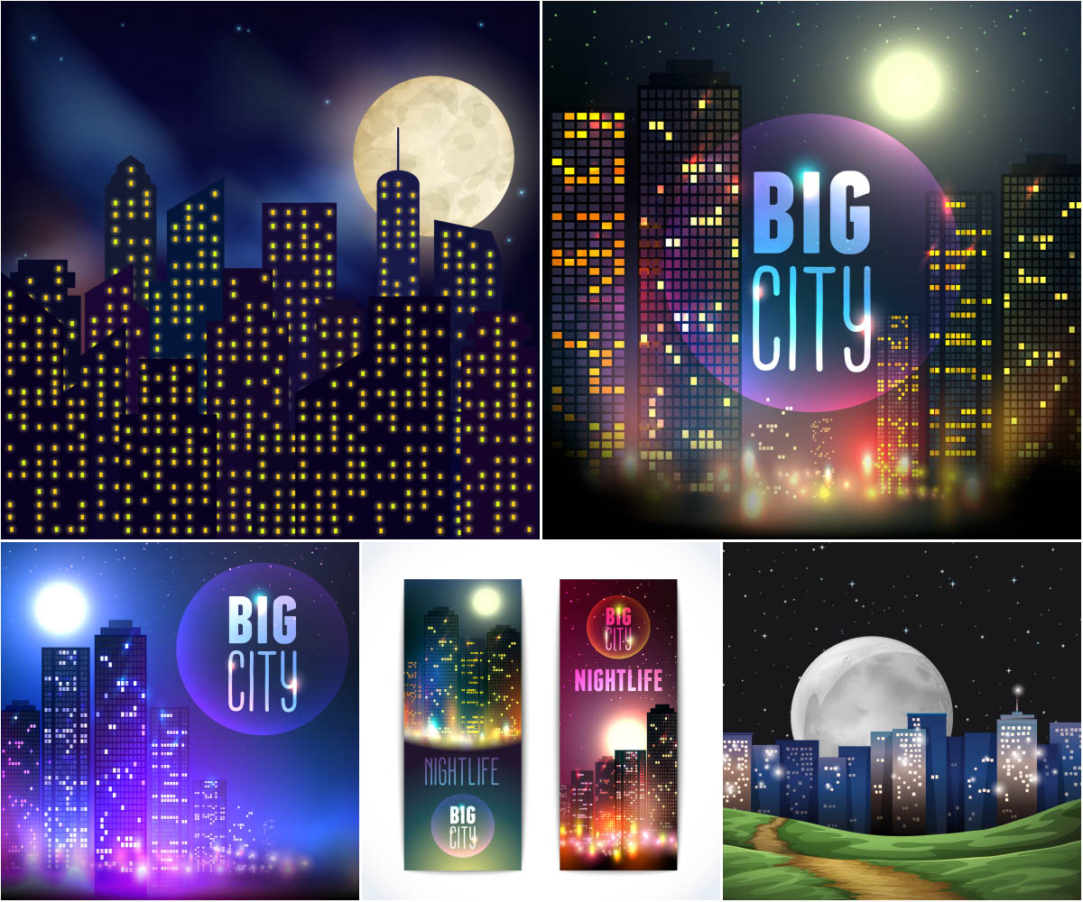 Night big city backgrounds and banners, the city and the large moon