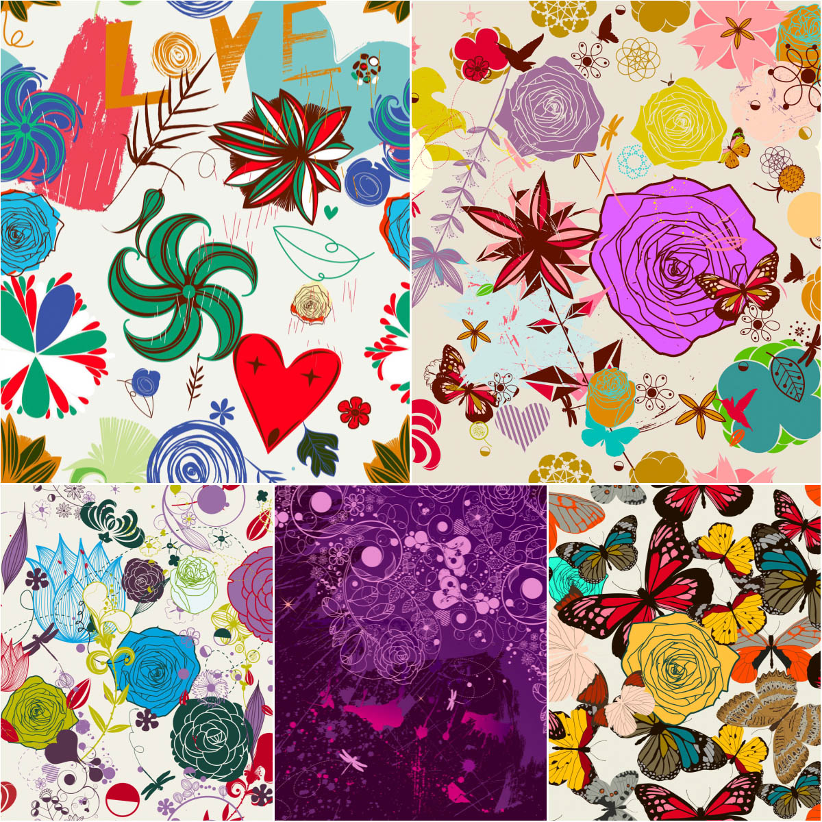 Retro floral seamless backgrounds set 2