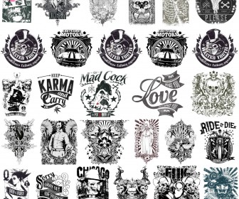 Scary t-shirt designs or tattoos with skulls, bad bones, biker theme vector