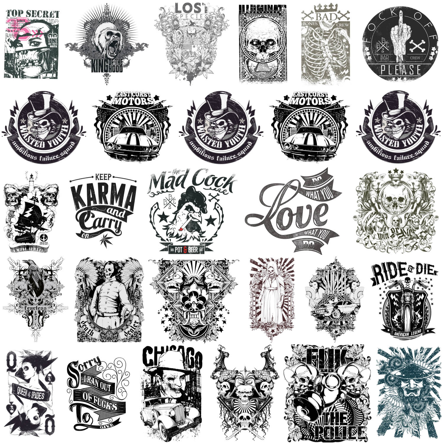 Scary t-shirt designs or tattoos with skulls, bad bones, biker theme vector