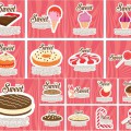 Sweet backgrounds, candies, cakes and confectionaries