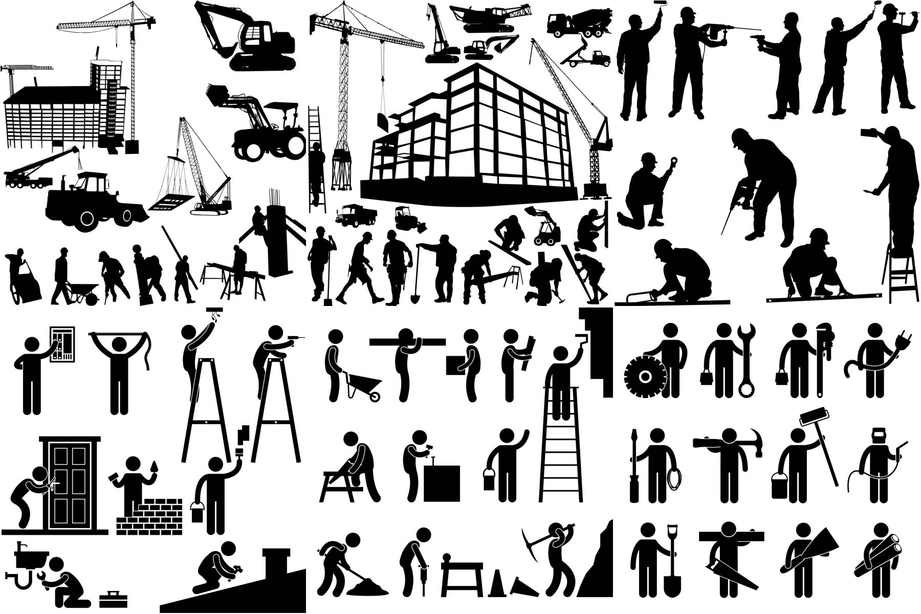 Worker silhouette and building and construction equipment