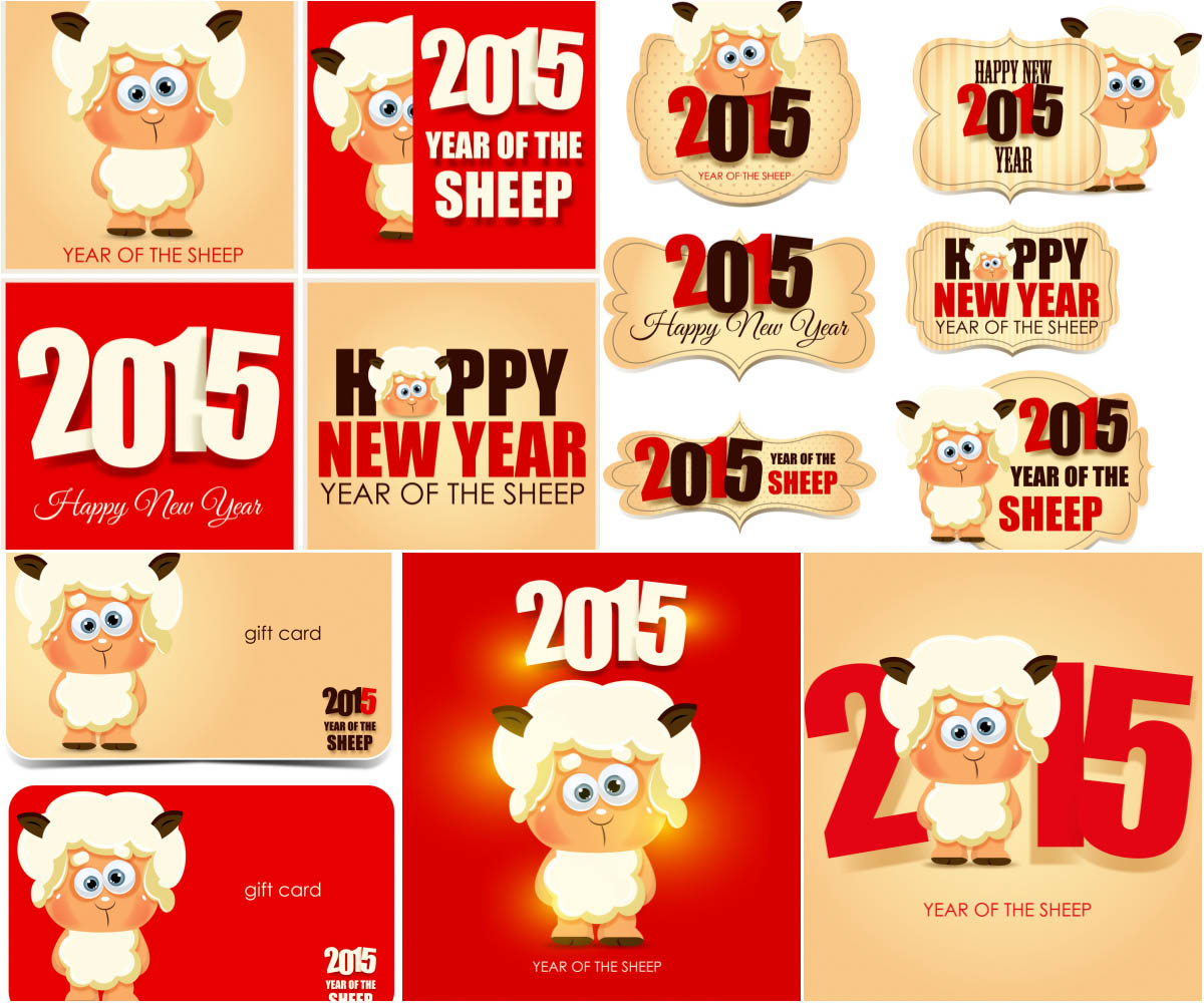 2015 Happy New Year with sheep labels and backgrounds