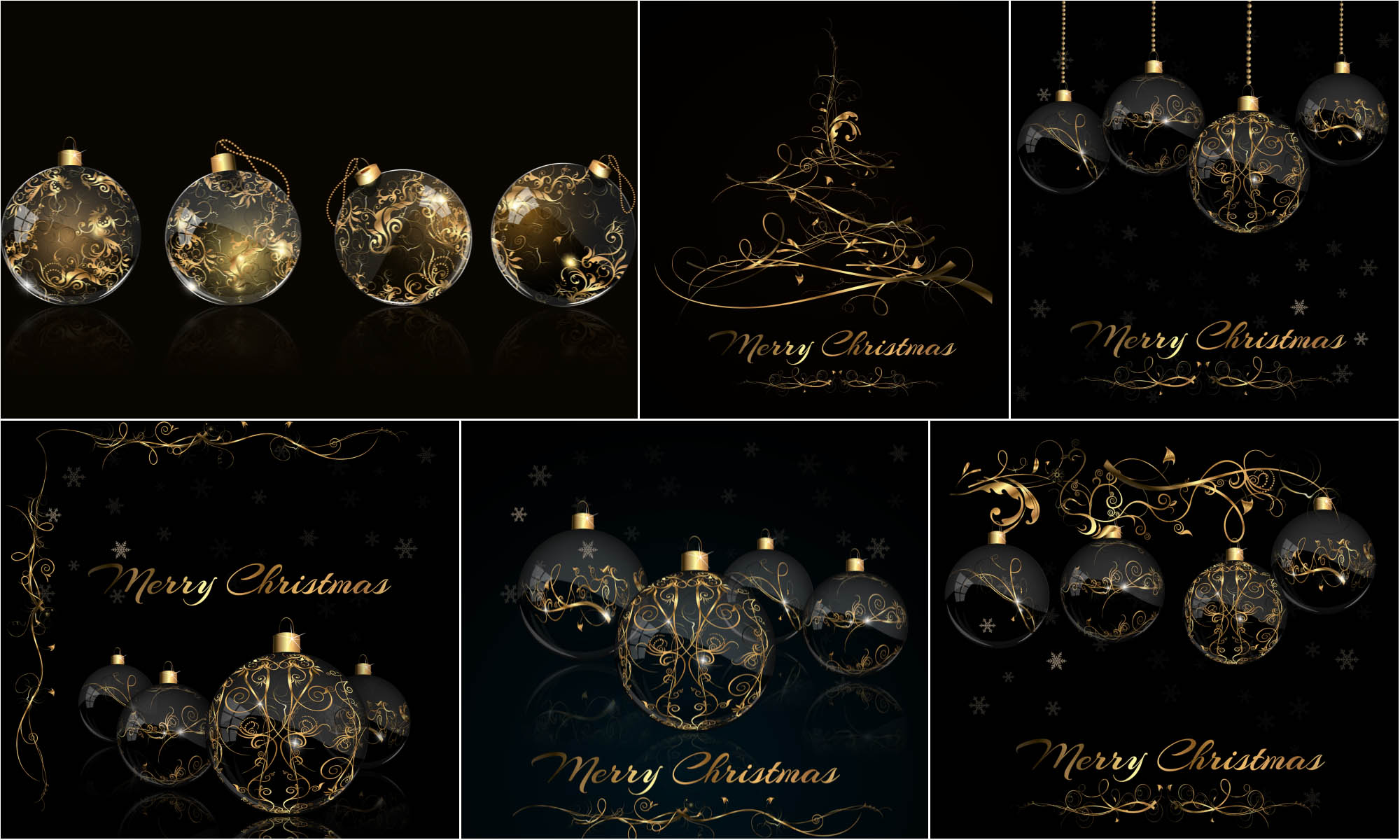 Black xmas cards, nice Christmas backgrounds with golden ornaments balls vectors