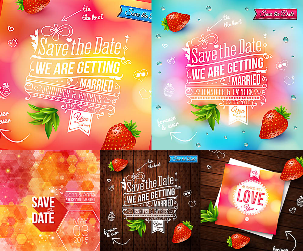 Wedding invitations fun and in vivid colors with strawberries vector