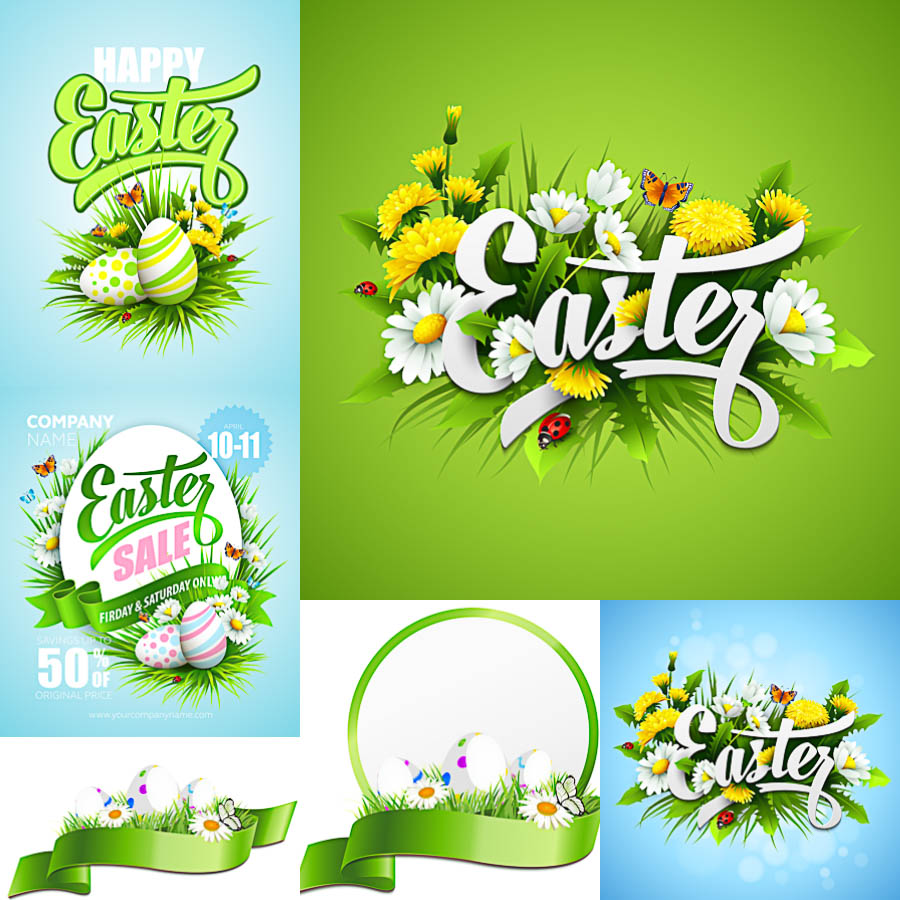 Green Happy Easter cards templates vector