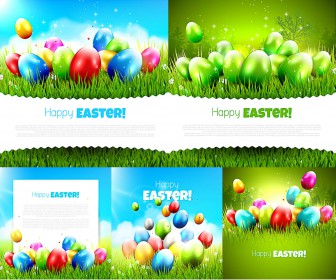 Happy Easter cards on green and blue backgrounds vector free download