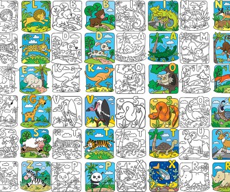 Animals for kids coloring templates with color example vector