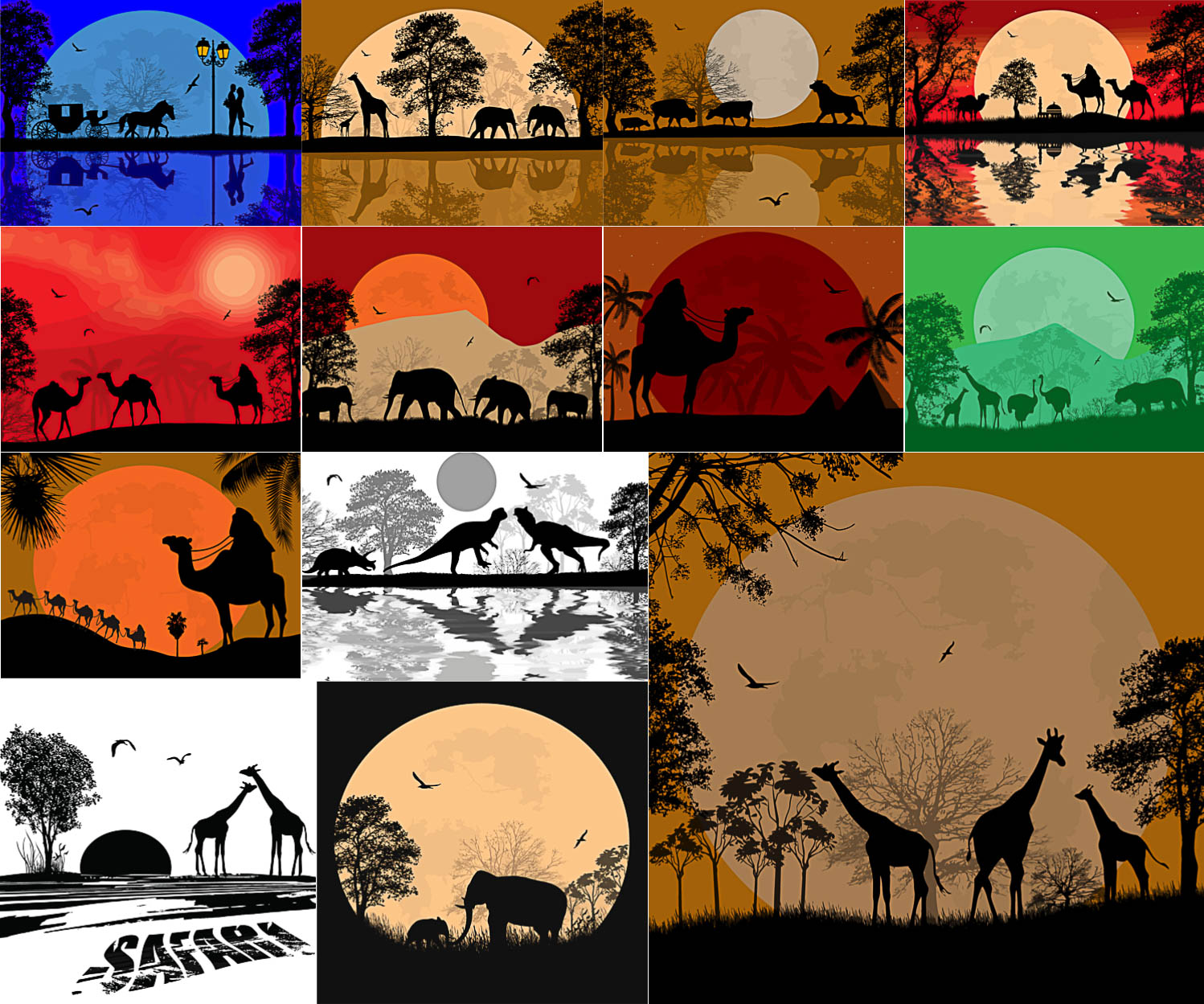 Animals silhouettes on sunset background in Africa vector