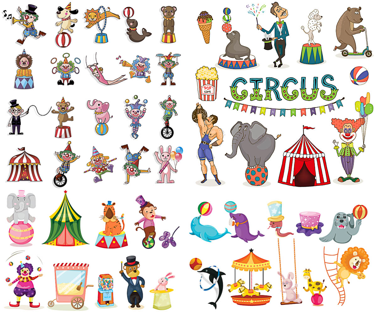 Circus animals and clowns vector  Free Download 