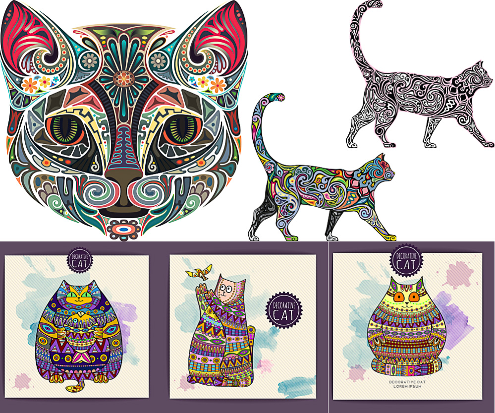 Colored cat with abstract and floral ornaments vector