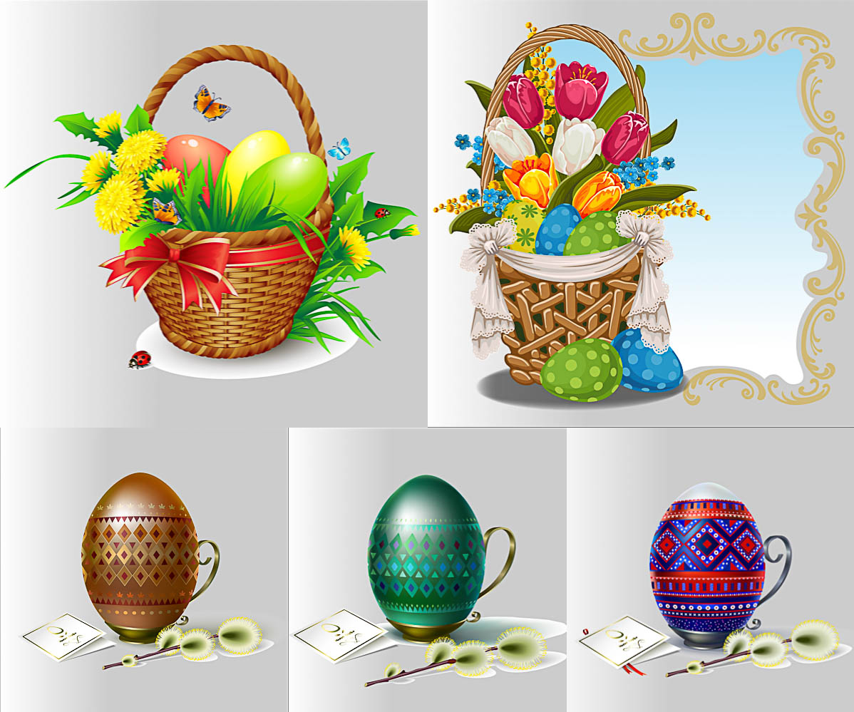 Decorated Easter egg and basket with eggs vector free download